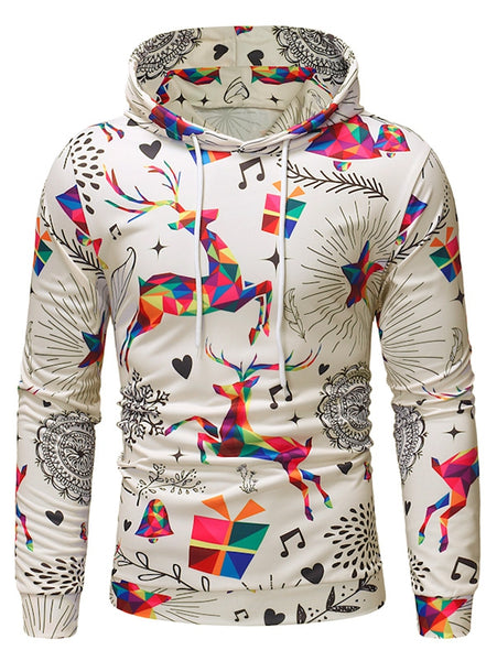 Drawstring Christmas Deer Print Hoodie