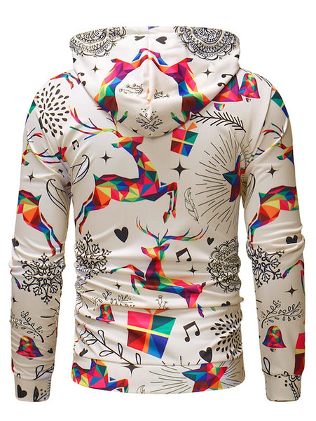 Drawstring Christmas Deer Print Hoodie