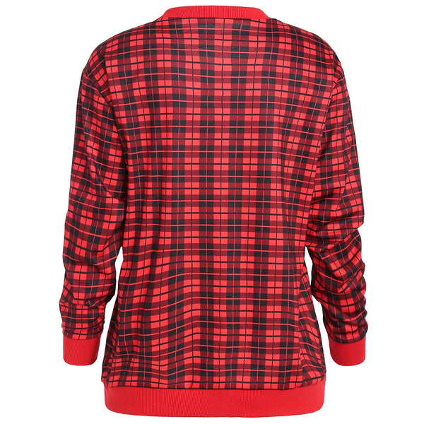 Christmas Cat Print Plaid Sweatshirt