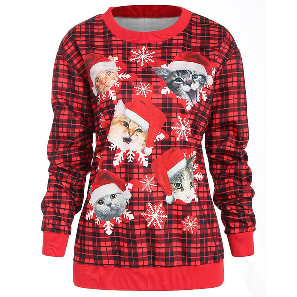 Christmas Cat Print Plaid Sweatshirt