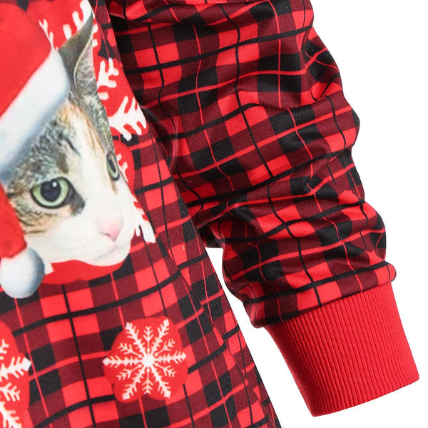 Christmas Cat Print Plaid Sweatshirt