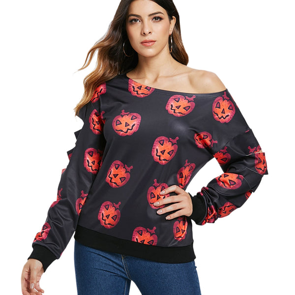 Halloween Pumpkin Print Skew Neck Sweatshirt