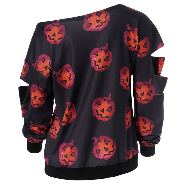 Halloween Pumpkin Print Skew Neck Sweatshirt