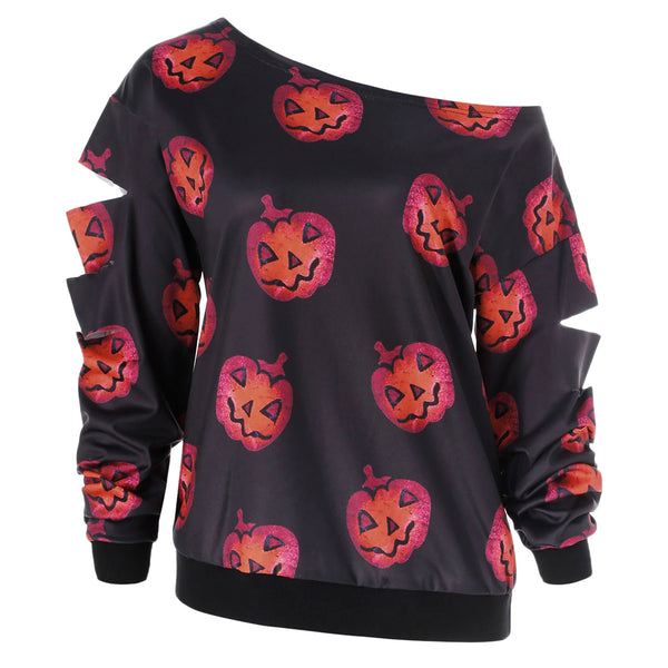Halloween Pumpkin Print Skew Neck Sweatshirt