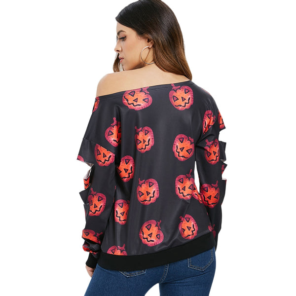 Halloween Pumpkin Print Skew Neck Sweatshirt