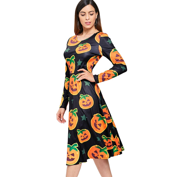 Halloween Pumpkin Print Midi Swing Dress