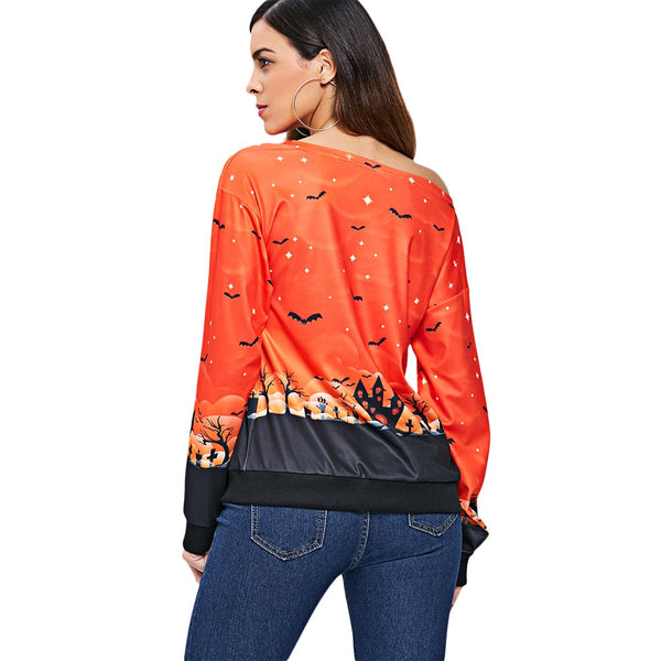 Halloween Bat Print Skew Neck Sweatshirt