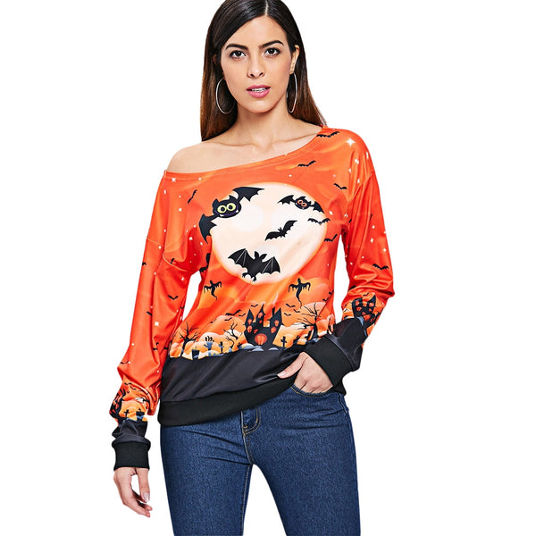 Halloween Bat Print Skew Neck Sweatshirt