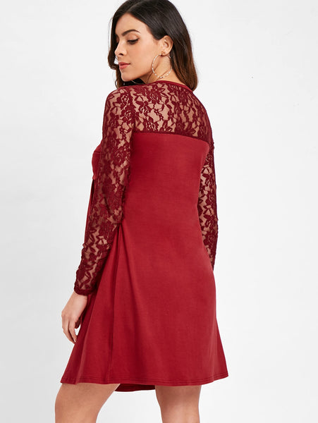 Ruched Bust Long Sleeve Lace Panel Dress