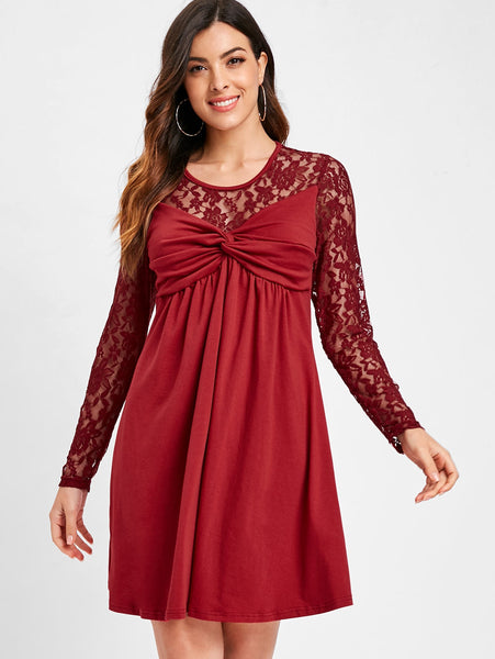 Ruched Bust Long Sleeve Lace Panel Dress