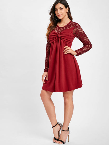 Ruched Bust Long Sleeve Lace Panel Dress