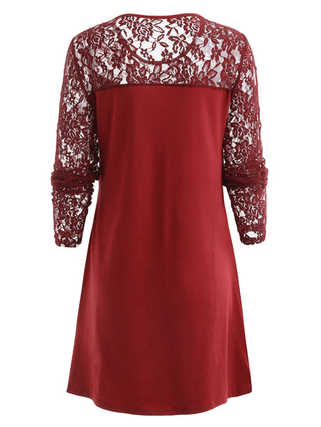 Ruched Bust Long Sleeve Lace Panel Dress