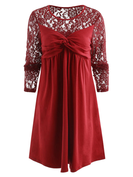 Ruched Bust Long Sleeve Lace Panel Dress
