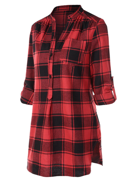 Front Pocket Half Button Tartan Blouse