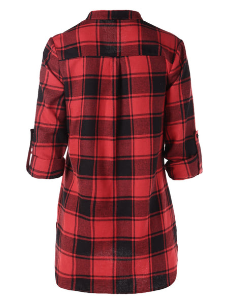 Front Pocket Half Button Tartan Blouse