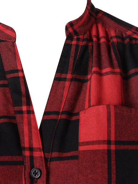 Front Pocket Half Button Tartan Blouse