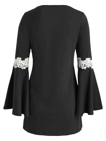 Crochet Front Flare Sleeve Short Dress