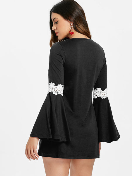 Crochet Front Flare Sleeve Short Dress