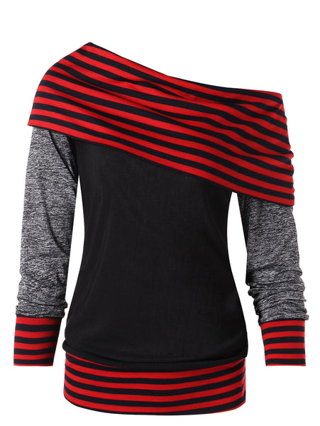 Stripe Slash Neck Color Block Pullover