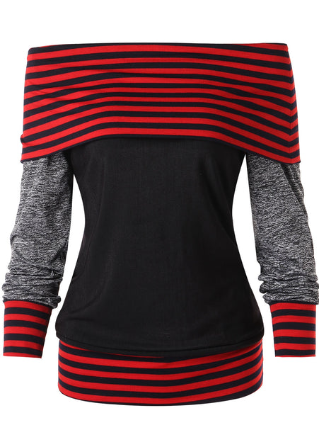 Stripe Slash Neck Color Block Pullover