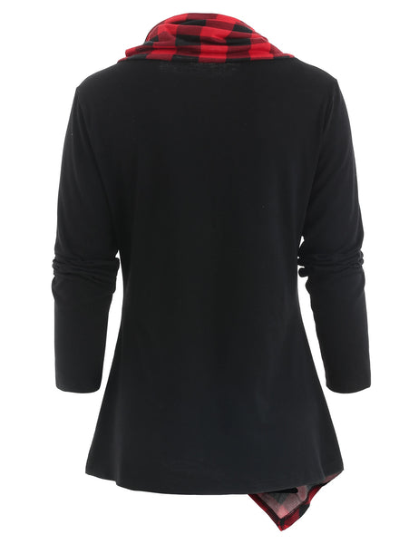 Long Sleeve Heap Collar Tartan Panel T-shirt