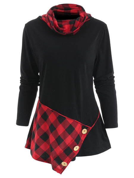 Long Sleeve Heap Collar Tartan Panel T-shirt