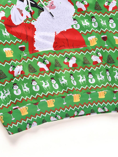 Drinking Santa Claus Print Drawstring Hoodie