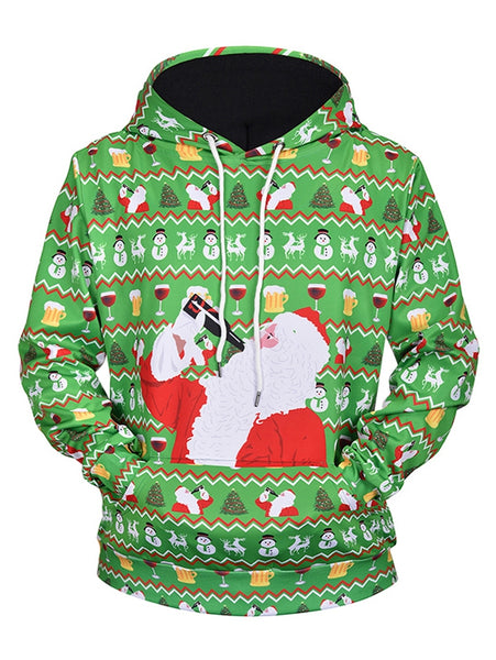 Drinking Santa Claus Print Drawstring Hoodie
