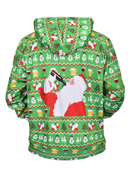 Drinking Santa Claus Print Drawstring Hoodie