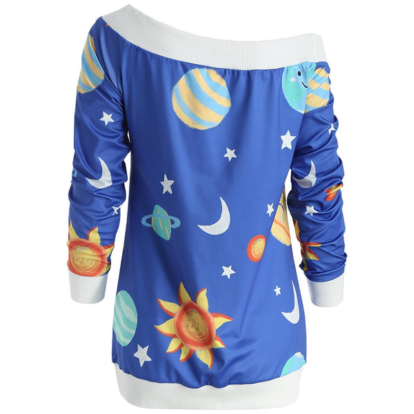 Skew Neck Sun and Moon Print Sweatshirt