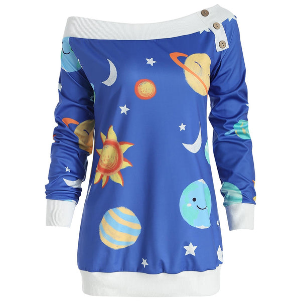 Skew Neck Sun and Moon Print Sweatshirt