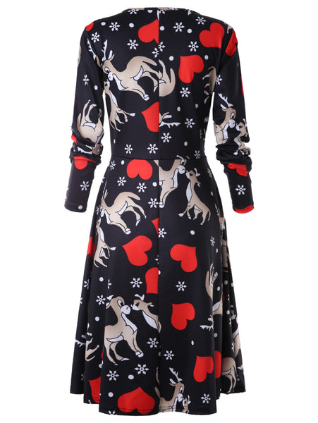 Heart Deer Print A Line Dress