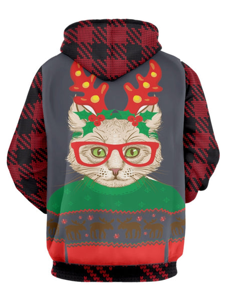 Christmas Cat Print Long Sleeve Hoodie