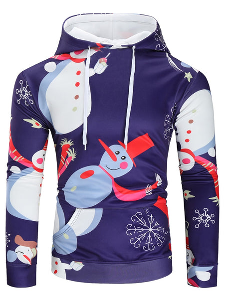 Drawstring Christmas Snowman Print Hoodie