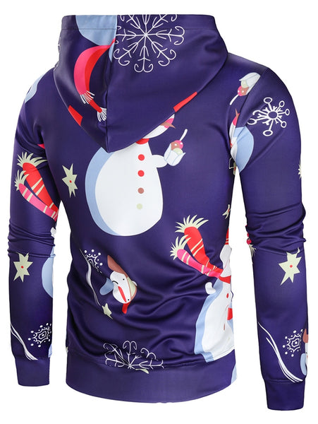 Drawstring Christmas Snowman Print Hoodie