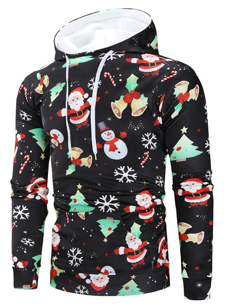 Drawstring Christmas Theme Printed Hoodie