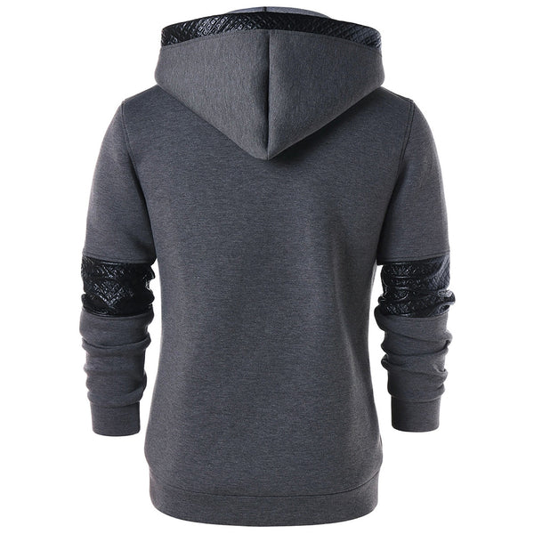 PU Leather Panel Button Embellished  Hoodie