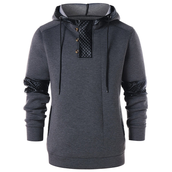 PU Leather Panel Button Embellished  Hoodie