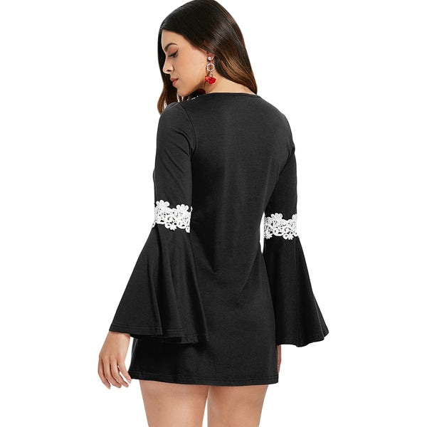 Crochet Front Flare Sleeve Short Dress