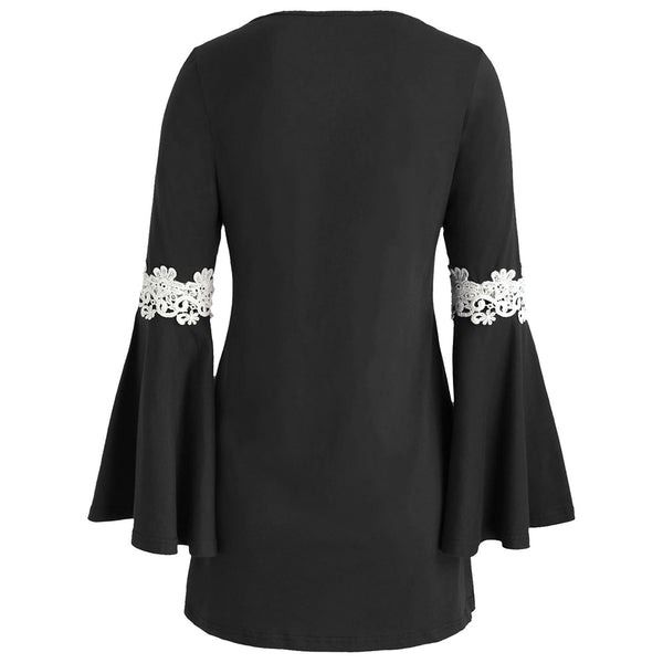 Crochet Front Flare Sleeve Short Dress