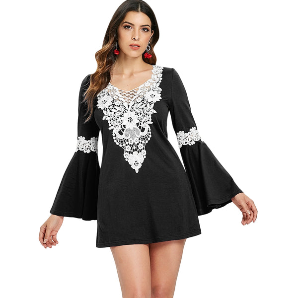 Crochet Front Flare Sleeve Short Dress