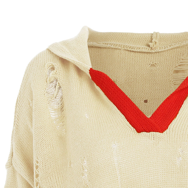 Drop Shoulder Distressed Hooded Sweater