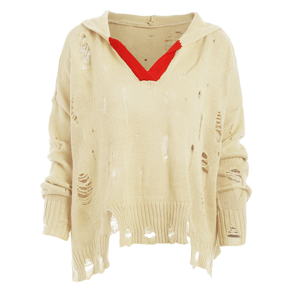 Drop Shoulder Distressed Hooded Sweater