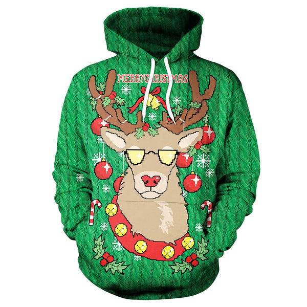 Drawstring Christmas Elk Print Hoodie