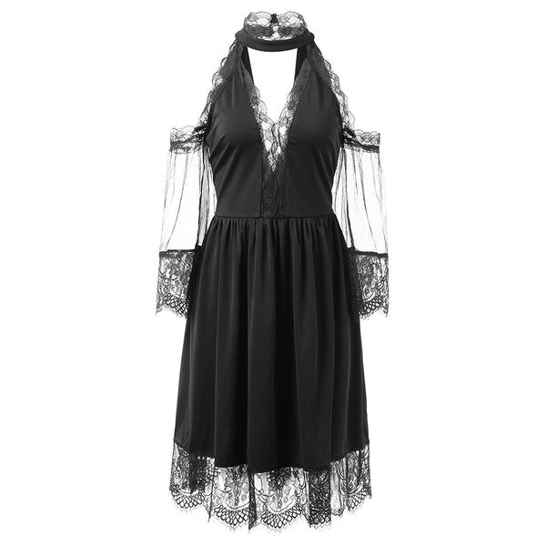 Cold Shoulder Lace Insert Midi Choker Dress