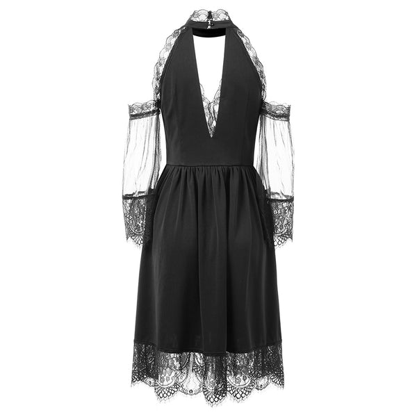 Cold Shoulder Lace Insert Midi Choker Dress