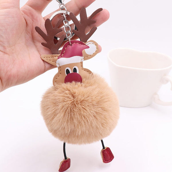 Christmas Moose Hair Ball Key Ring Pendant