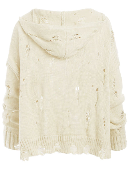 Drop Shoulder Distressed Hooded Sweater