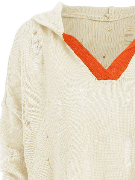 Drop Shoulder Distressed Hooded Sweater