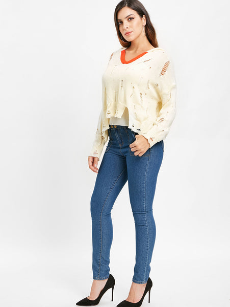 Drop Shoulder Distressed Hooded Sweater